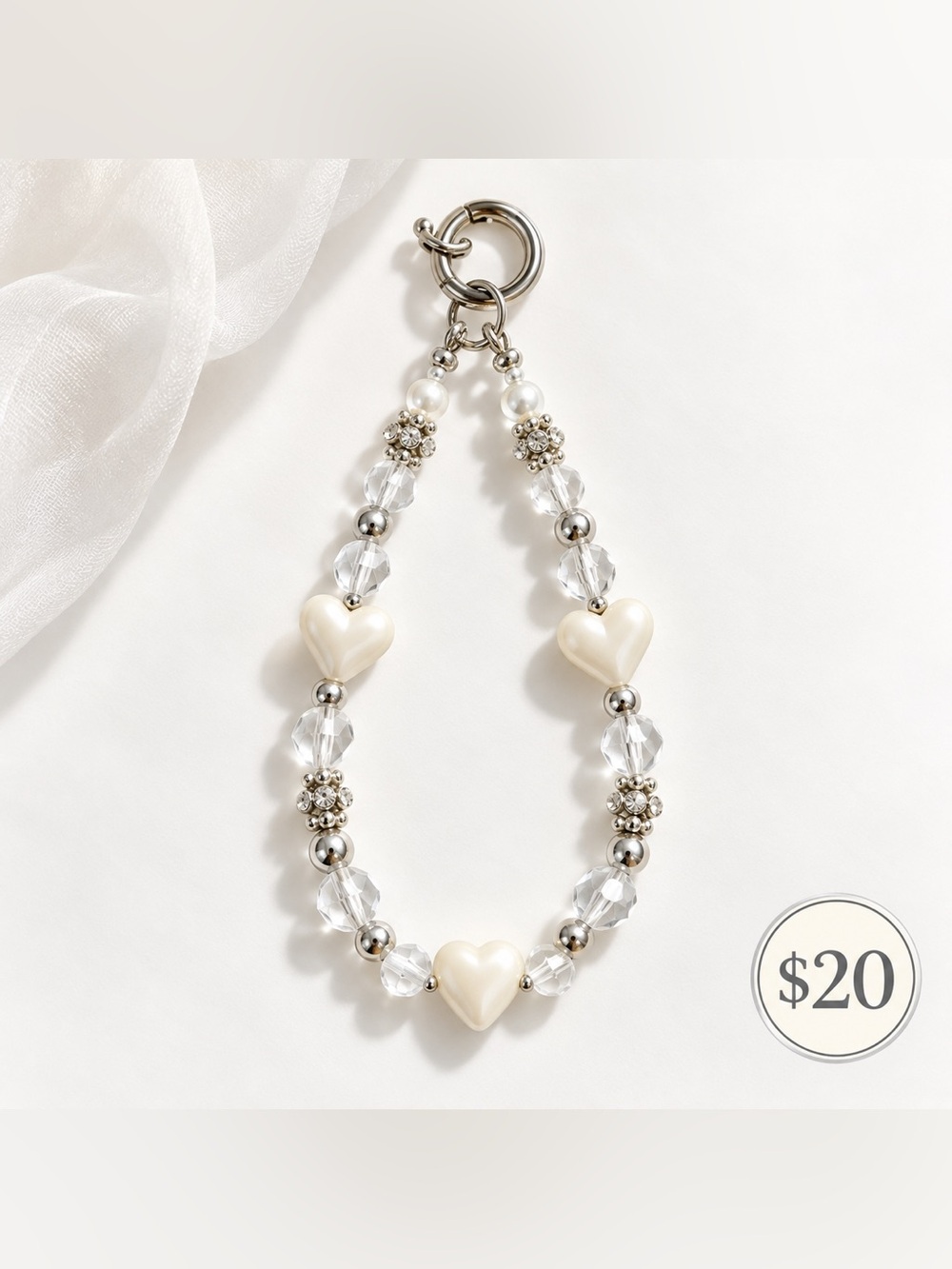 Delicate White Heart Beaded Phone Chain